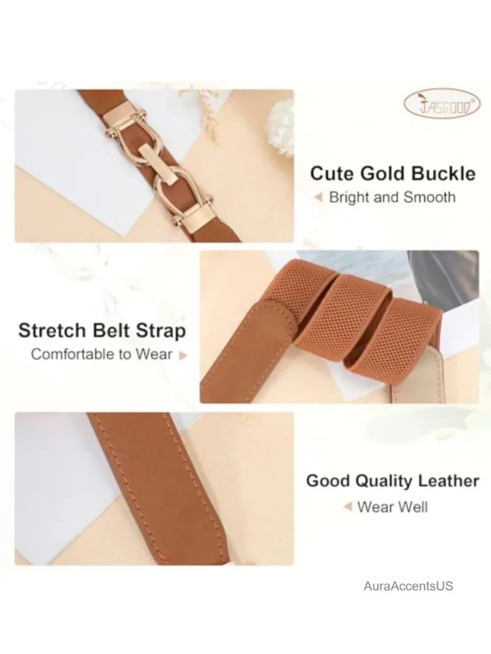 Women Stretchy Waist Belt Retro Skinny with Gold Buckle Leather